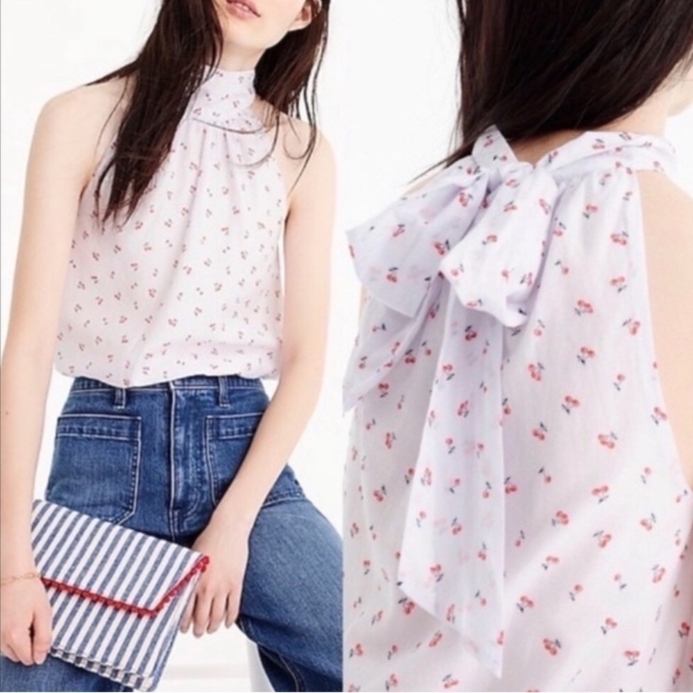 J. Crew Silk Blend Cherry Print Sleeveless HighTie Neck Halter Blouse Top